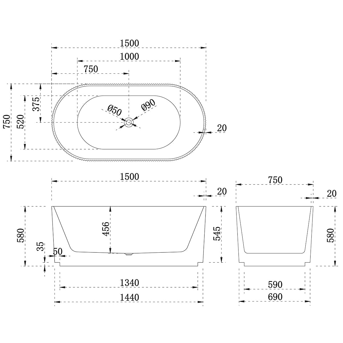 Brighton Groove 59 inch Acrylic Freestanding Oval Bathtub, Gloss White