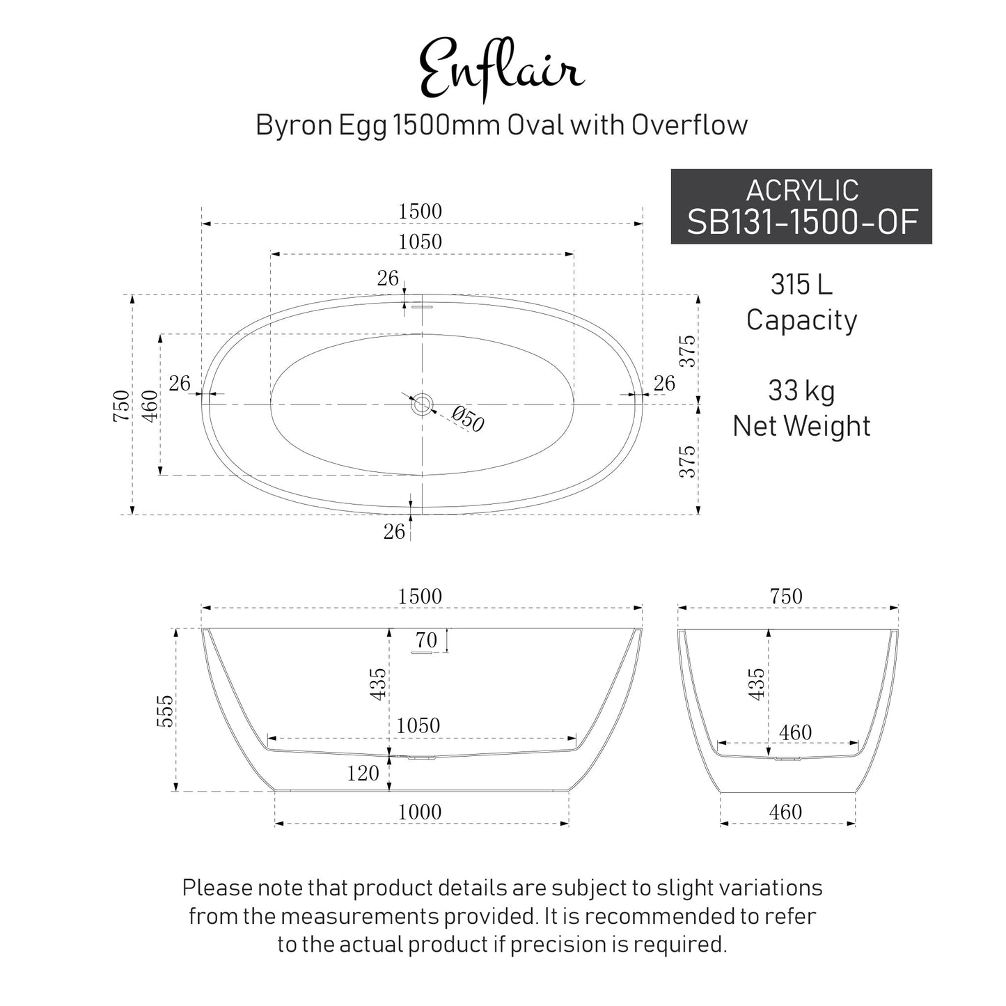 Byron Egg 59 inch Acrylic Freestanding Oval Bathtub with Overflow, Gloss White