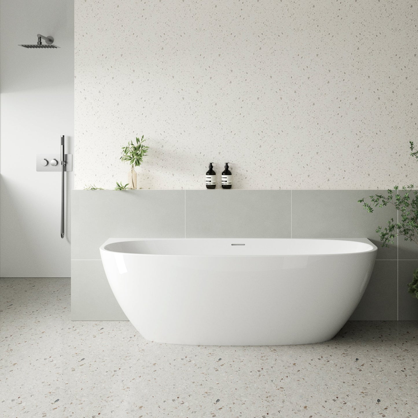 Byron Egg 67 inch Acrylic Freestanding Back to Wall Bathtub, Gloss White