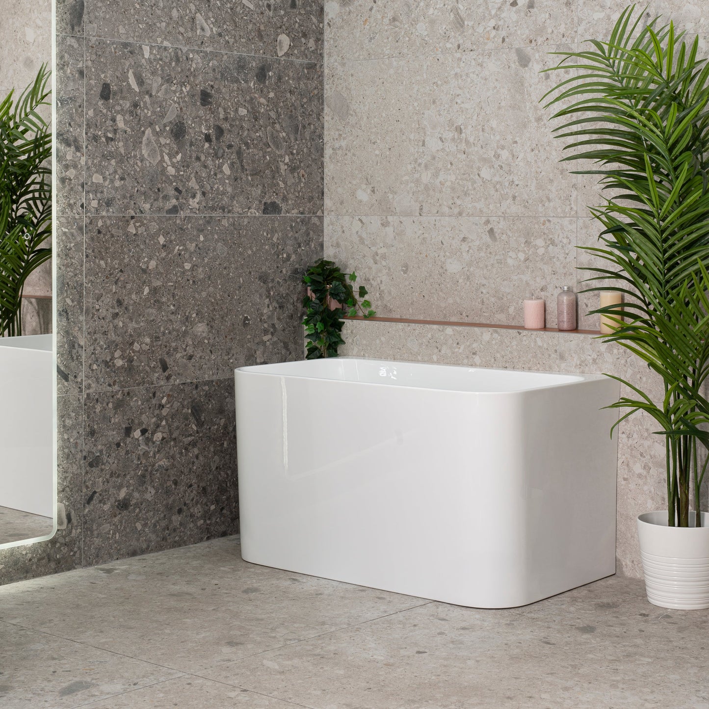 Estus 47 inch Acrylic Freestanding Back to Wall Japanese Soaking Bathtub with Seat, Gloss White