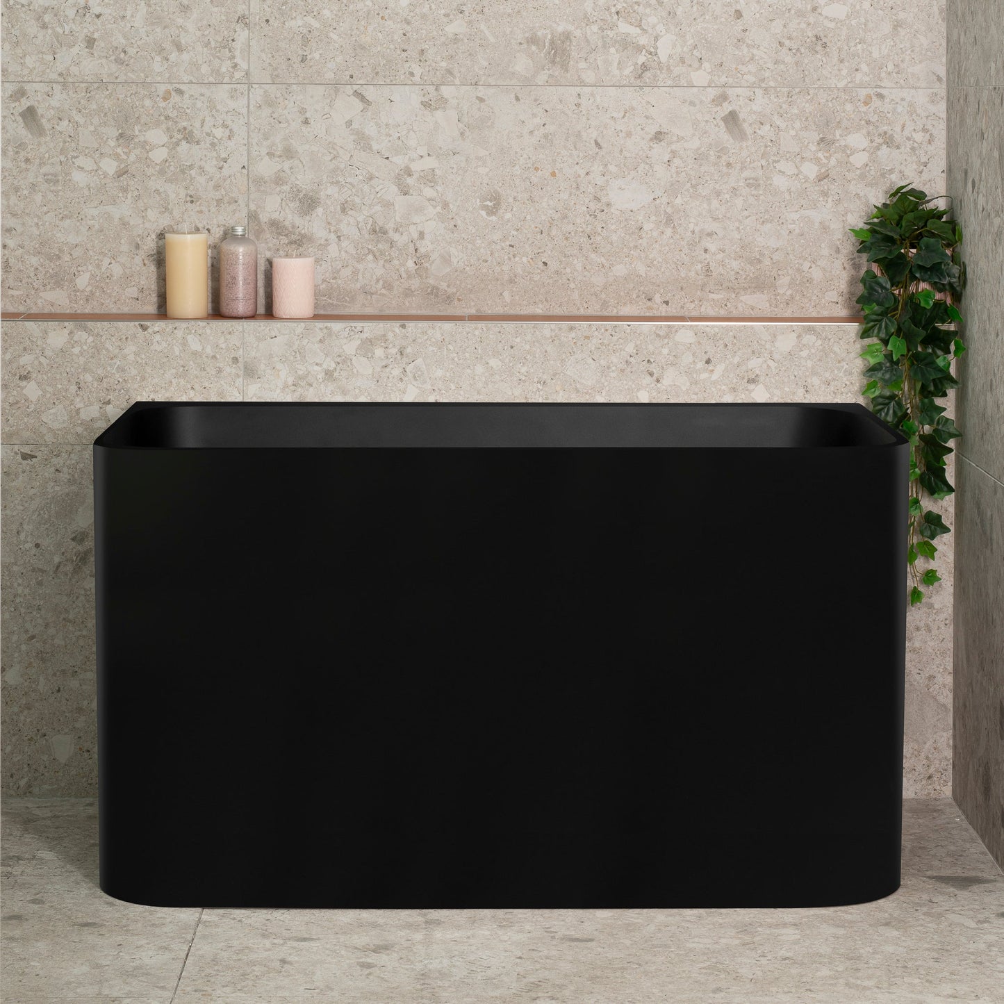 Estus 47 inch Acrylic Freestanding Back to Wall Japanese Soaking Bathtub with Seat, Matte Black