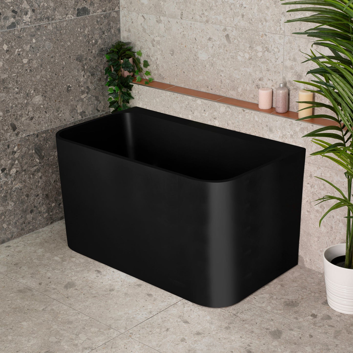 Estus 47 inch Acrylic Freestanding Back to Wall Japanese Soaking Bathtub with Seat, Matte Black