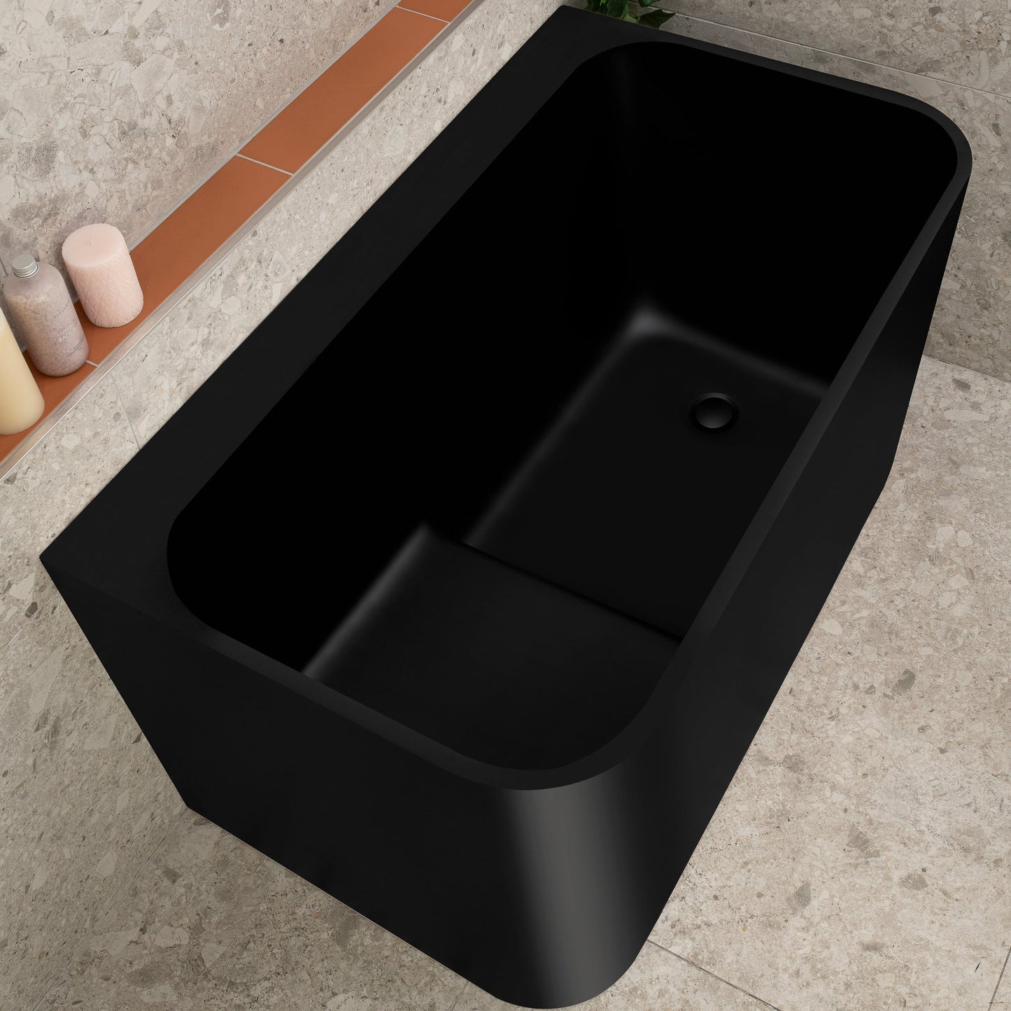 Estus 47 inch Acrylic Freestanding Back to Wall Japanese Soaking Bathtub with Seat, Matte Black