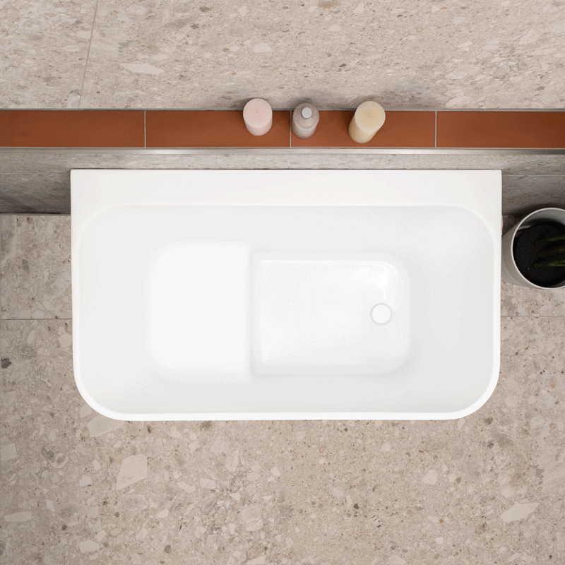 Estus 47 inch Acrylic Freestanding Back to Wall Japanese Soaking Bathtub with Seat, Gloss White