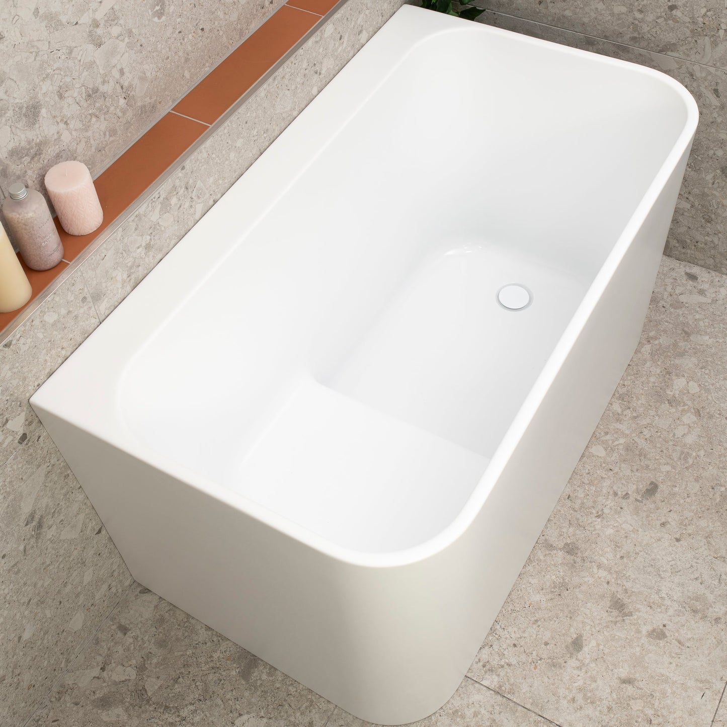 Estus 47 inch Acrylic Freestanding Back to Wall Japanese Soaking Bathtub with Seat, Matte White