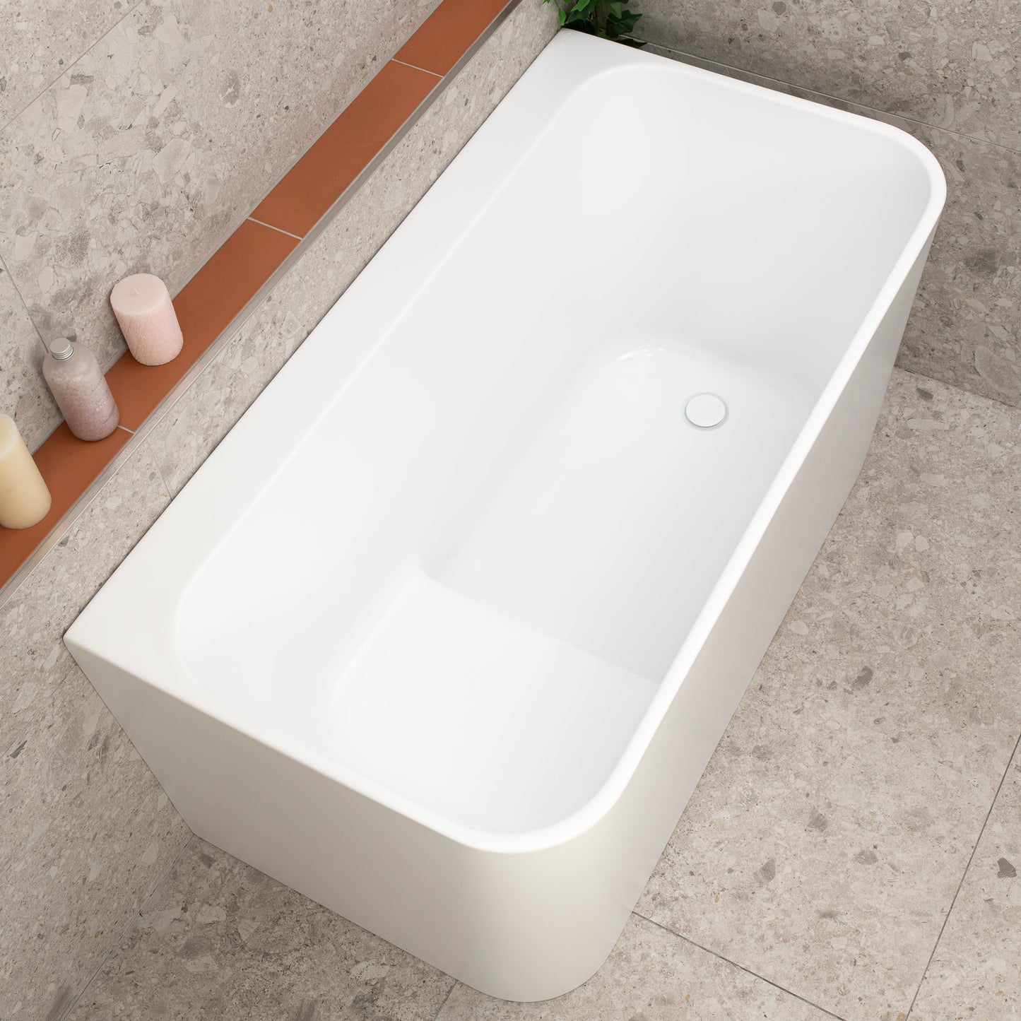 Estus 51 inch Acrylic Freestanding Back to Wall Japanese Soaking Bathtub with Seat, Gloss White