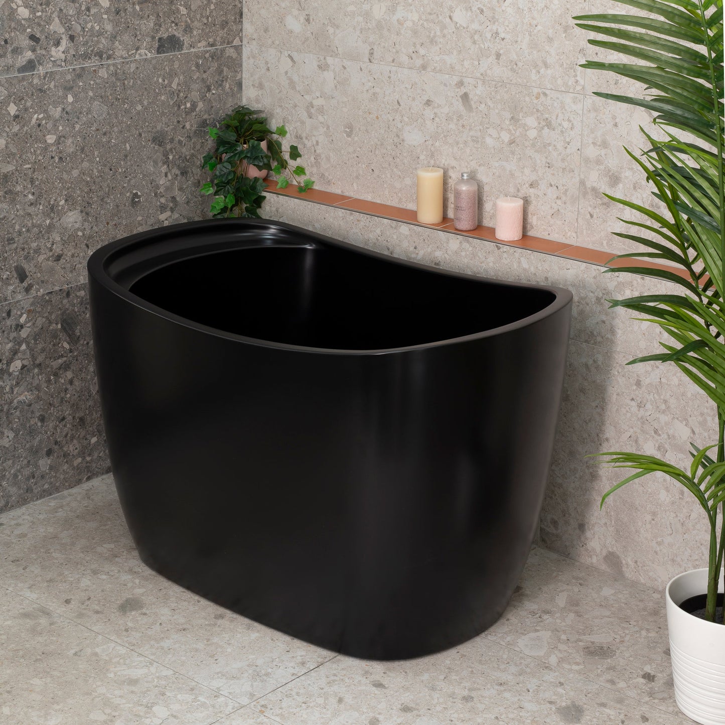 Ofuro 47 inch Acrylic Freestanding Extra Height Japanese Soaking Bathtub with Seat, Matte Black