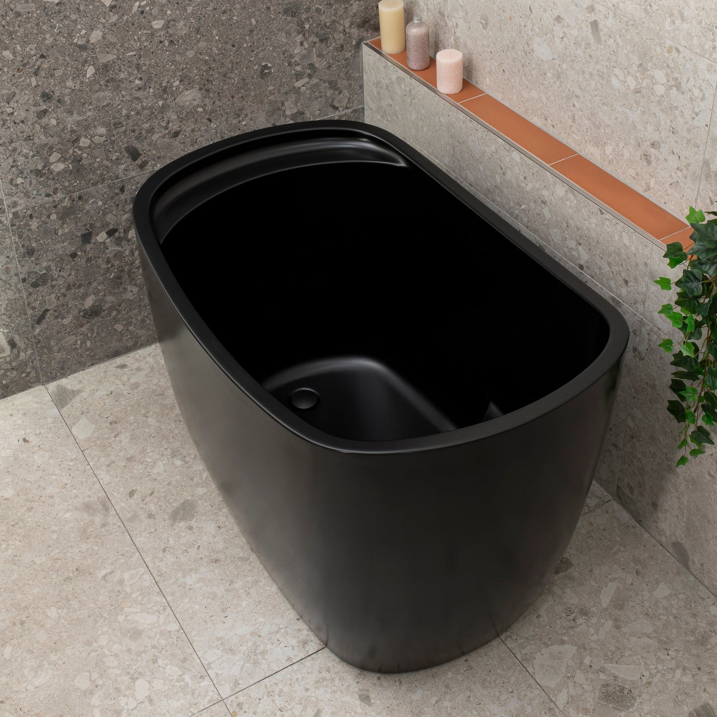 Ofuro 47 inch Acrylic Freestanding Extra Height Japanese Soaking Bathtub with Seat, Matte Black