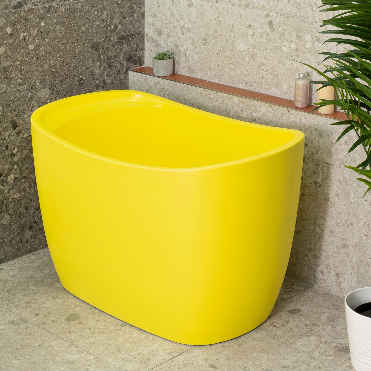 Ofuro 47 inch Acrylic Freestanding Extra Height Japanese Soaking Bathtub with Seat, Matte Lemon Meringue