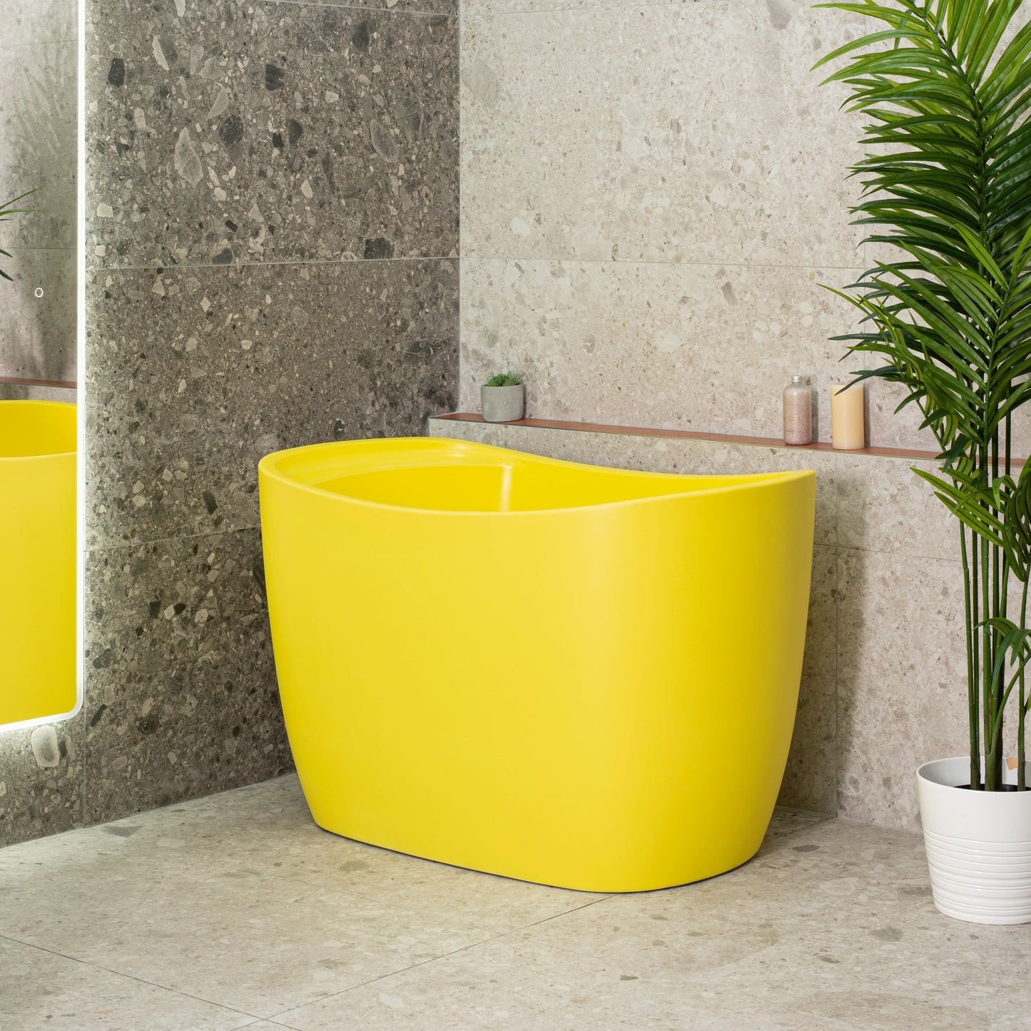 Ofuro 47 inch Acrylic Freestanding Extra Height Japanese Soaking Bathtub with Seat, Matte Lemon Meringue
