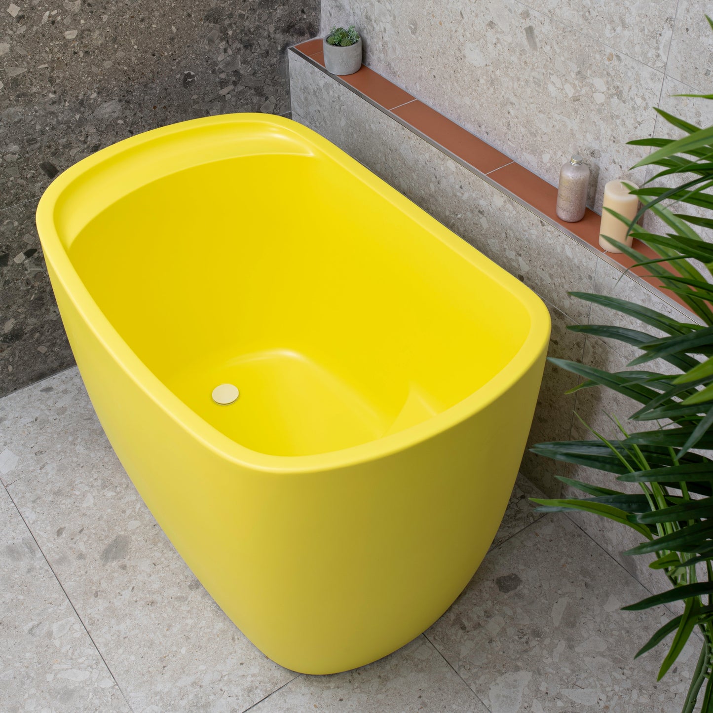 Ofuro 47 inch Acrylic Freestanding Extra Height Japanese Soaking Bathtub with Seat, Matte Lemon Meringue