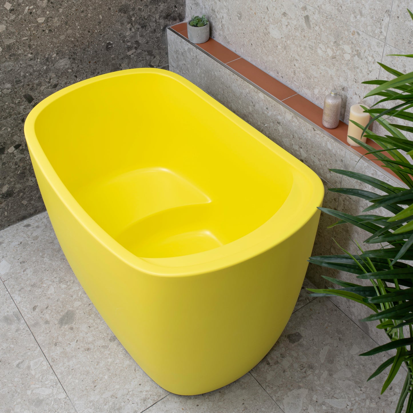 Ofuro 47 inch Acrylic Freestanding Extra Height Japanese Soaking Bathtub with Seat, Matte Lemon Meringue