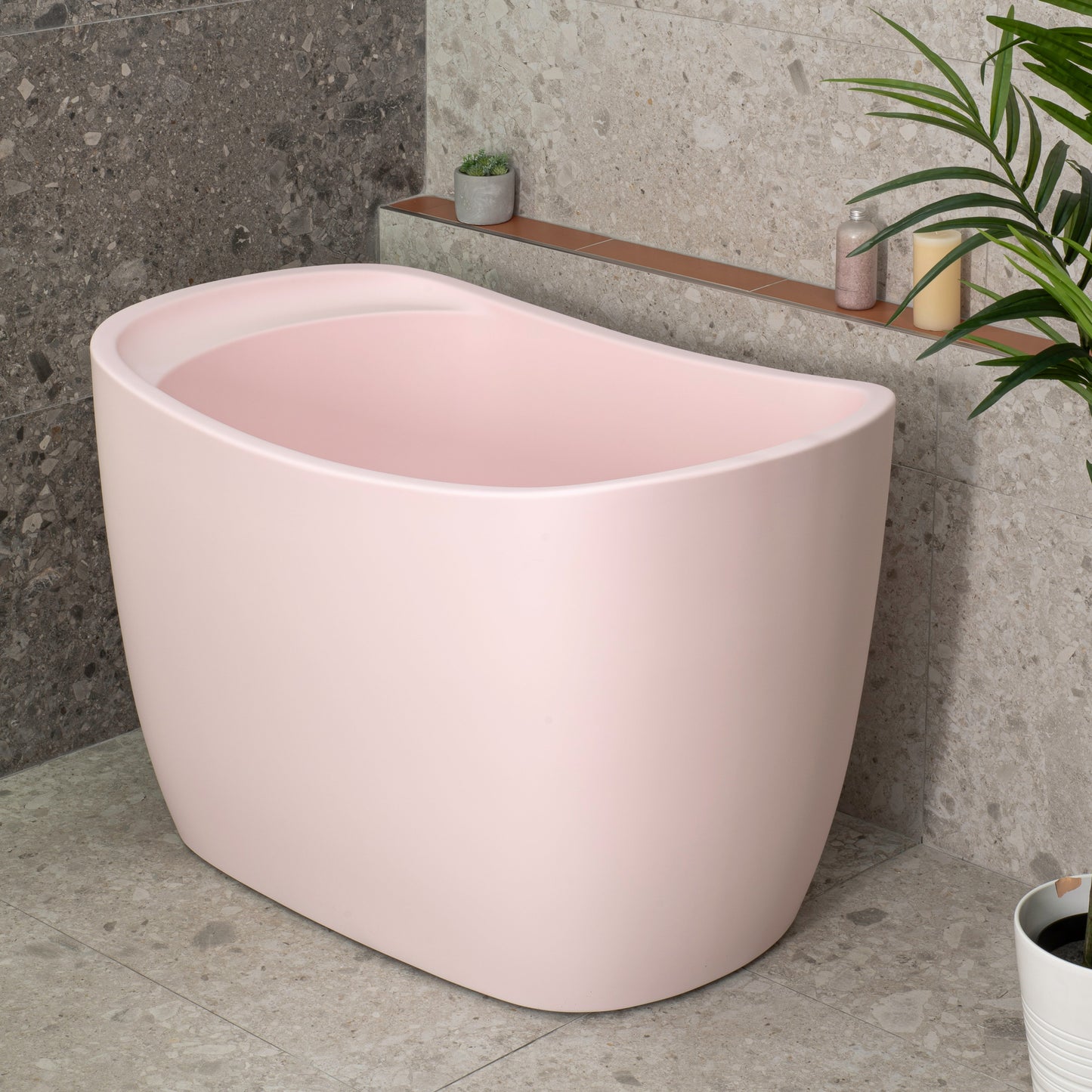 Ofuro 47 inch Acrylic Freestanding Extra Height Japanese Soaking Bathtub with Seat, Matte Light Pink
