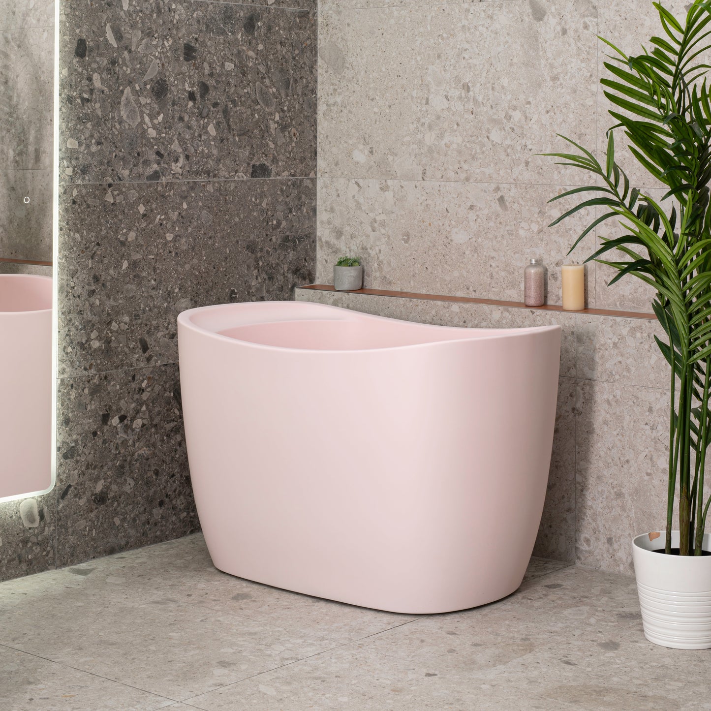 Ofuro 47 inch Acrylic Freestanding Extra Height Japanese Soaking Bathtub with Seat, Matte Light Pink