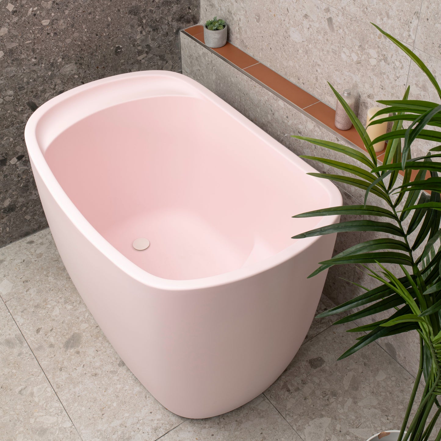 Ofuro 47 inch Acrylic Freestanding Extra Height Japanese Soaking Bathtub with Seat, Matte Light Pink