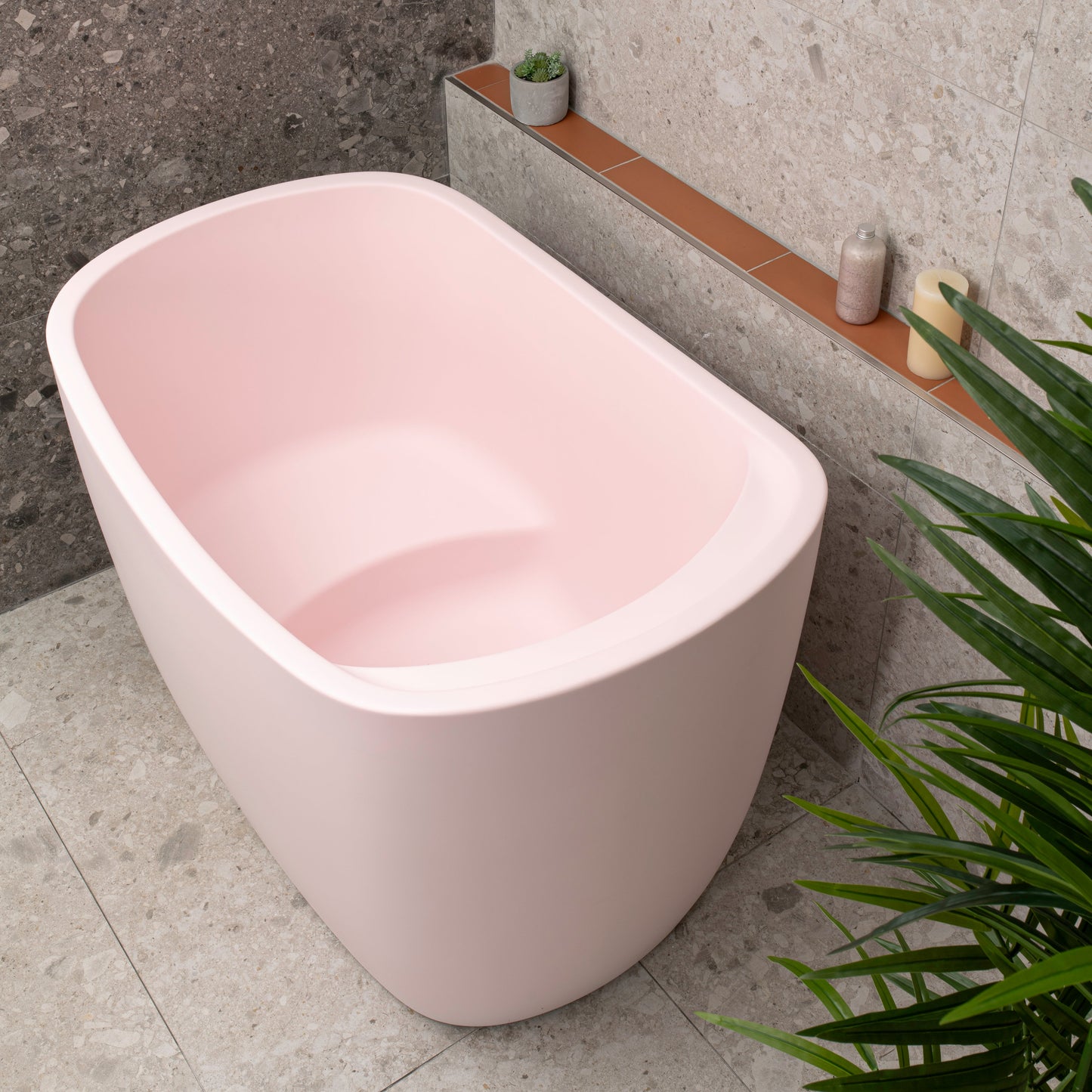 Ofuro 47 inch Acrylic Freestanding Extra Height Japanese Soaking Bathtub with Seat, Matte Light Pink