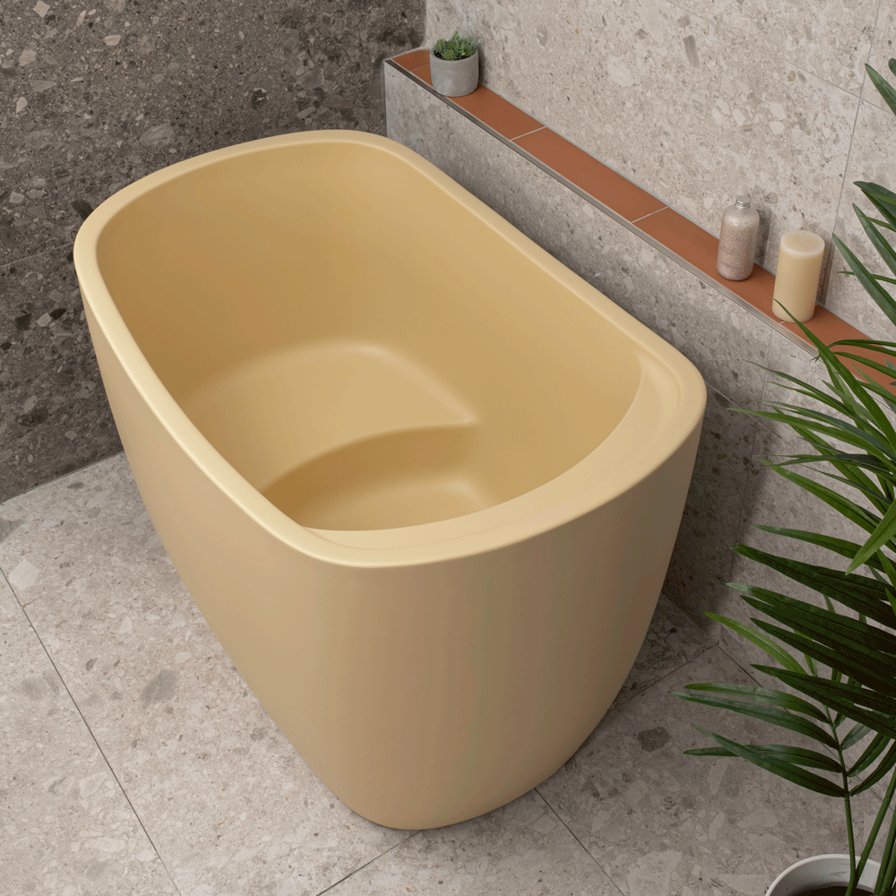 Ofuro 47 inch Acrylic Freestanding Extra Height Japanese Soaking Bathtub with Seat, Matte Vanilla Beige