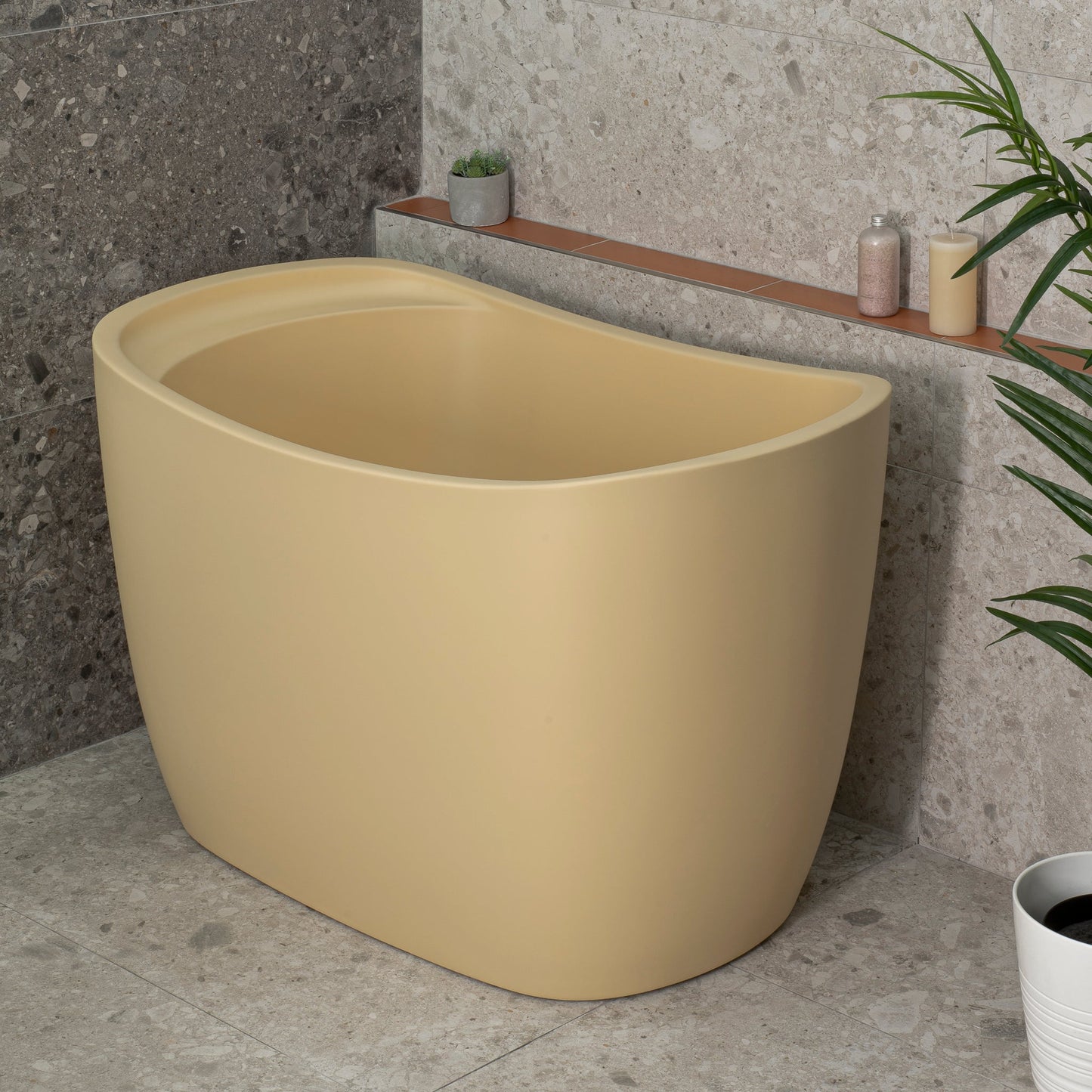 Ofuro 47 inch Acrylic Freestanding Extra Height Japanese Soaking Bathtub with Seat, Matte Vanilla Beige