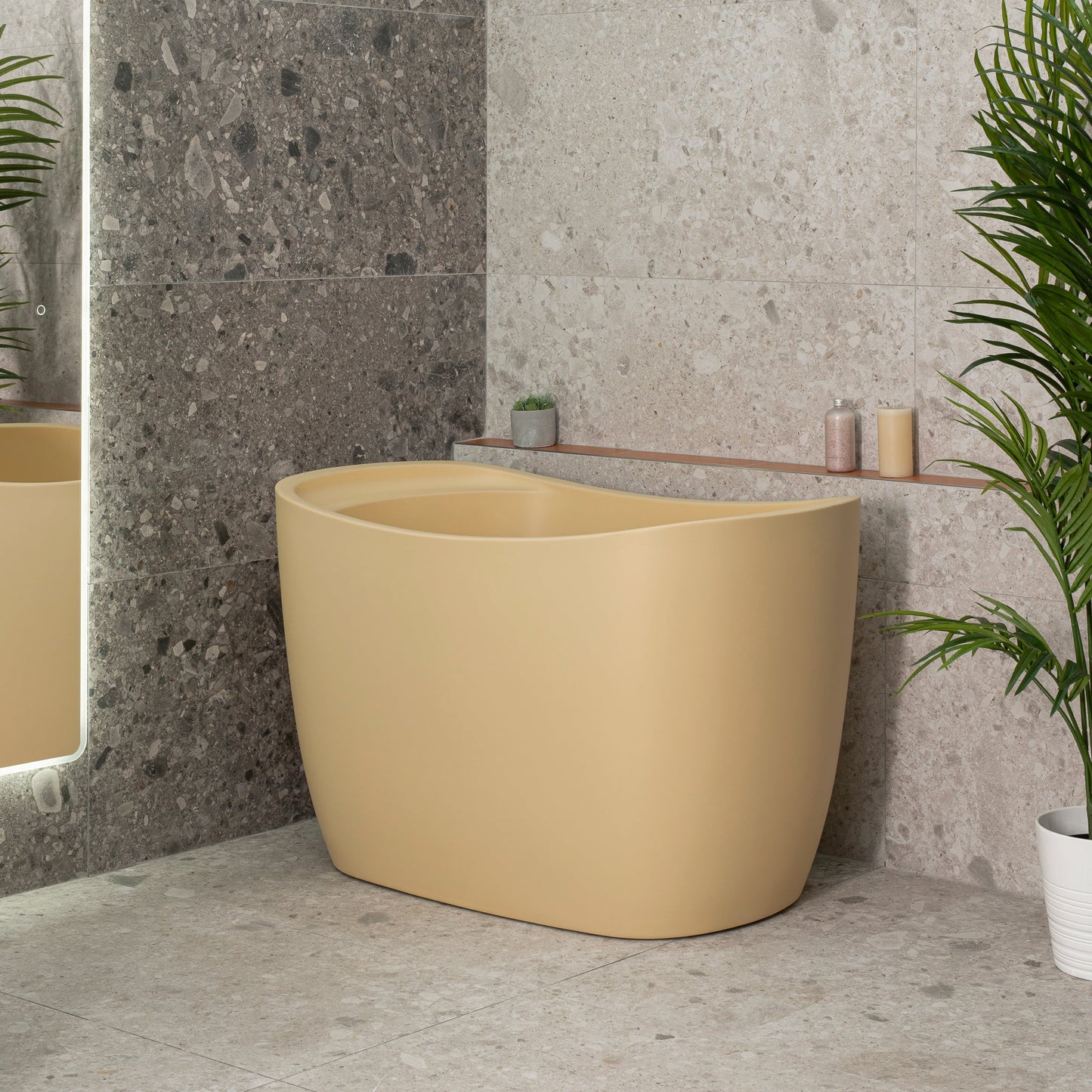 Ofuro 47 inch Acrylic Freestanding Extra Height Japanese Soaking Bathtub with Seat, Matte Vanilla Beige