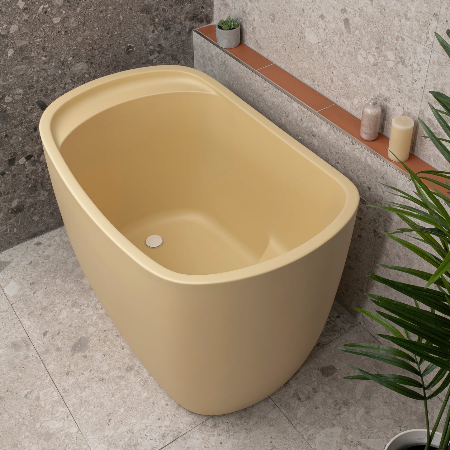 Ofuro 47 inch Acrylic Freestanding Extra Height Japanese Soaking Bathtub with Seat, Matte Vanilla Beige