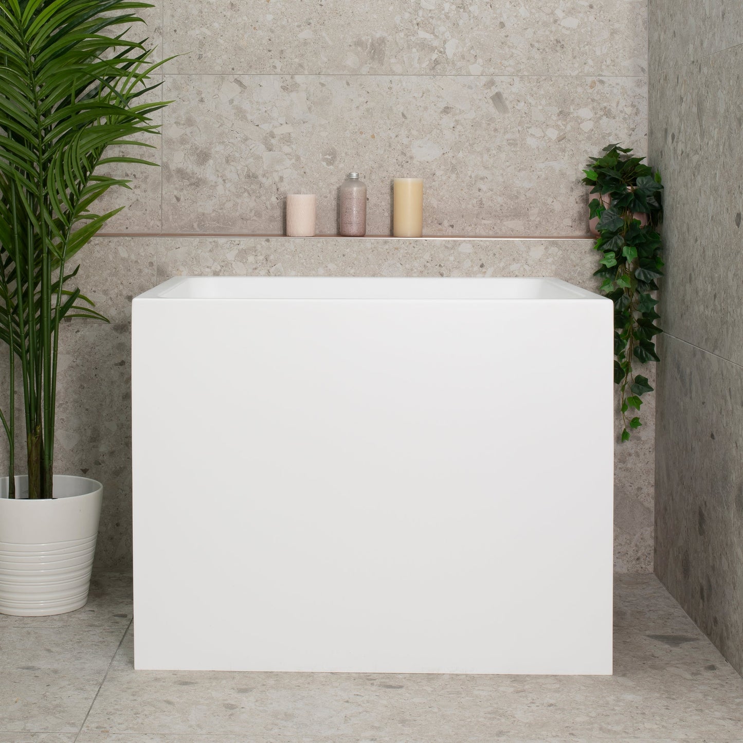 Hicube Multifit 35 inch Acrylic Freestanding Japanese Freestanding Bathtub with Seat, Matte White