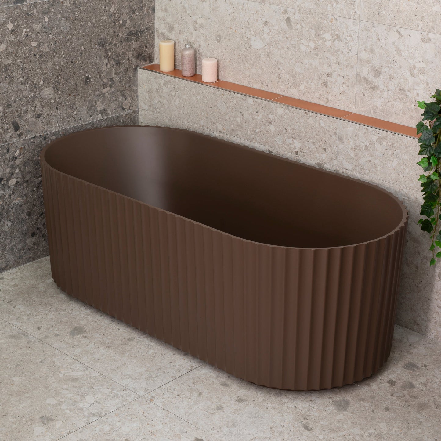 Agora Groove 67 inch Acrylic Freestanding Fluted Oval Freestanding Bathtub, Matte Chocolate Brown - SPECIAL EDITION