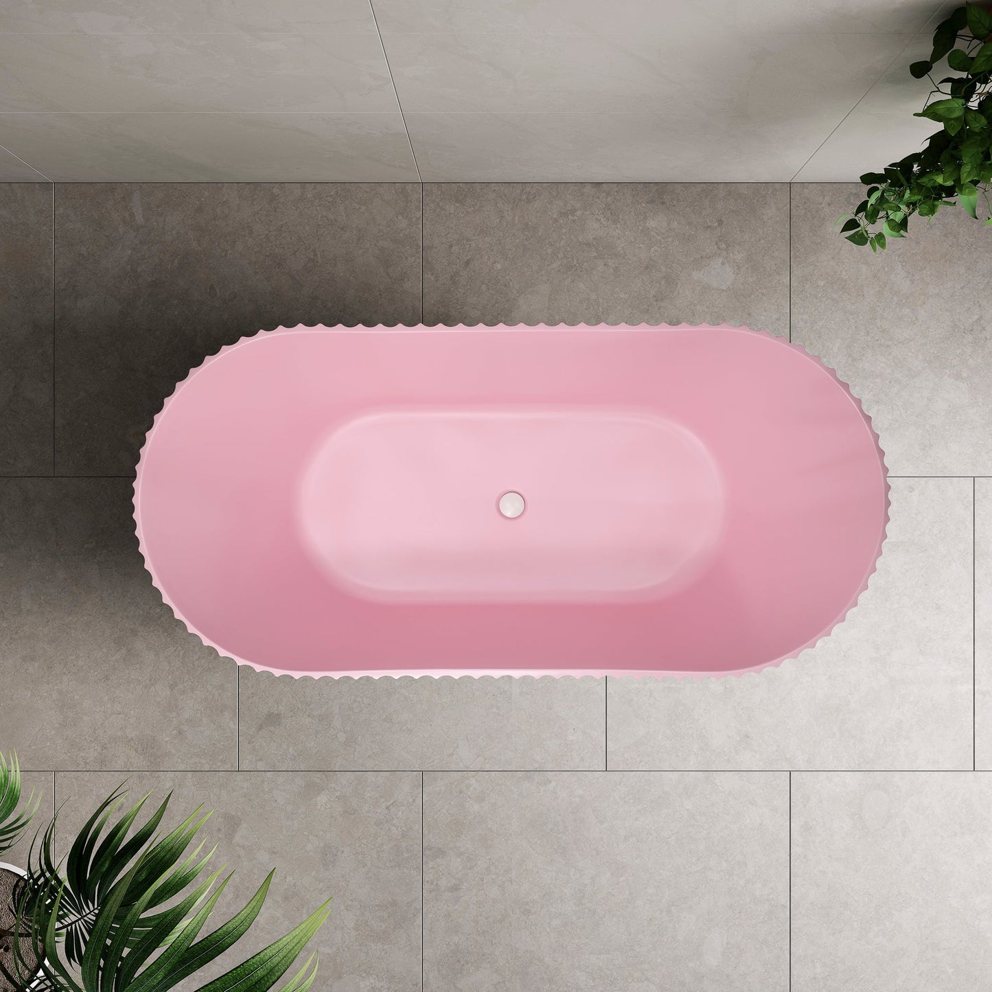 Agora Groove 67 inch Acrylic Freestanding Fluted Oval Freestanding Bathtub, Matte Pink