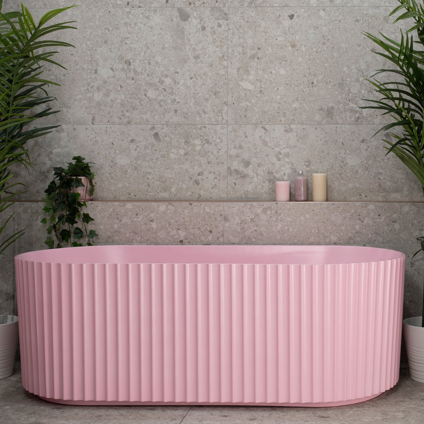 Agora Groove 67 inch Acrylic Freestanding Fluted Oval Freestanding Bathtub, Matte Pink