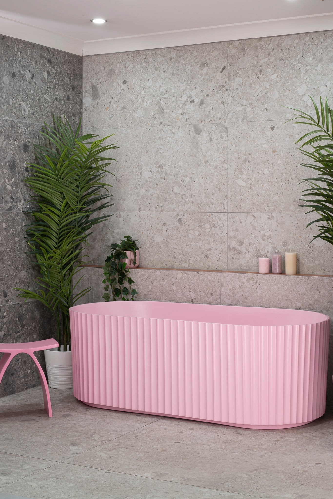 Agora Groove 67 inch Acrylic Freestanding Fluted Oval Freestanding Bathtub, Matte Pink