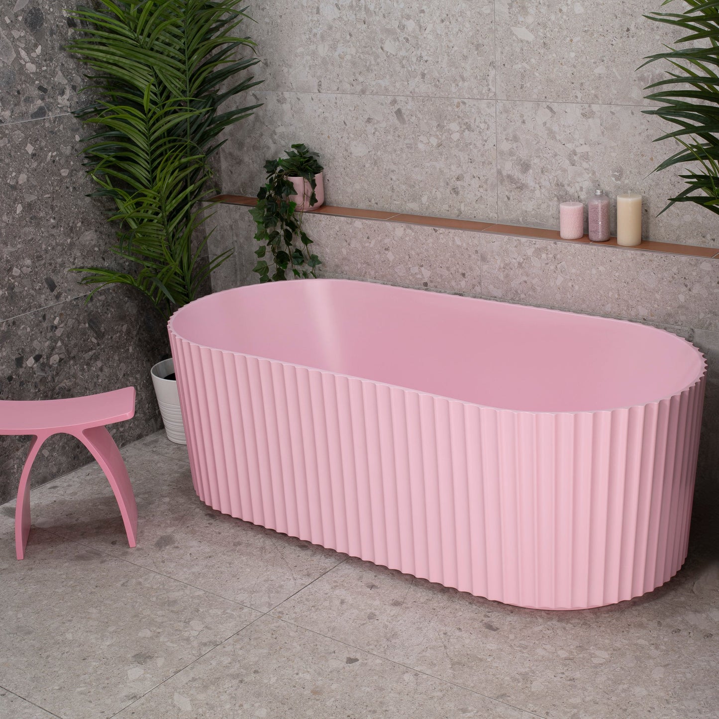 Agora Groove 67 inch Acrylic Freestanding Fluted Oval Freestanding Bathtub, Matte Pink