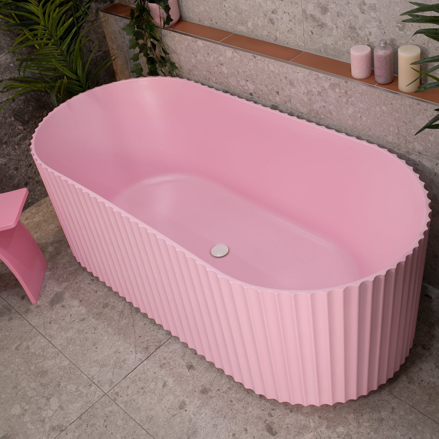 Agora Groove 67 inch Acrylic Freestanding Fluted Oval Freestanding Bathtub, Matte Pink
