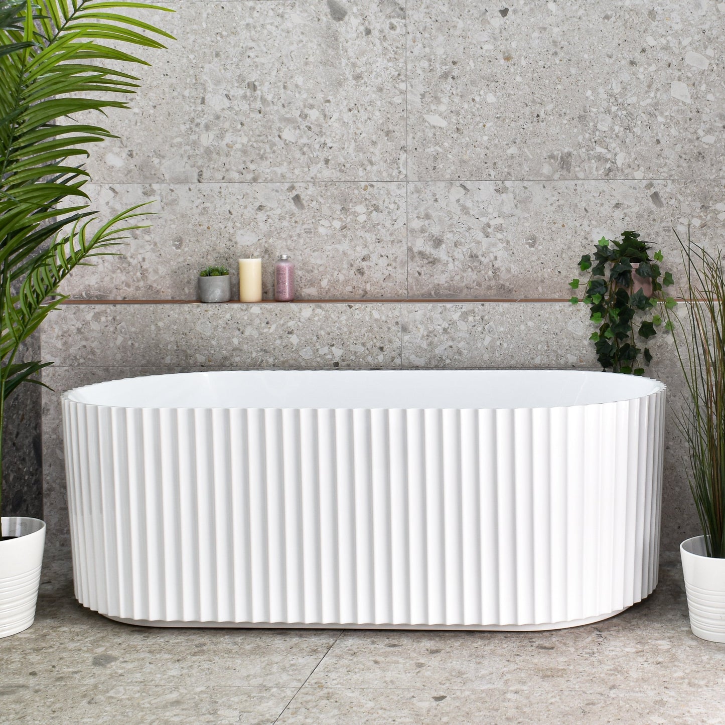 Agora Groove 67 inch Acrylic Freestanding Fluted Oval Bathtub, Matte White