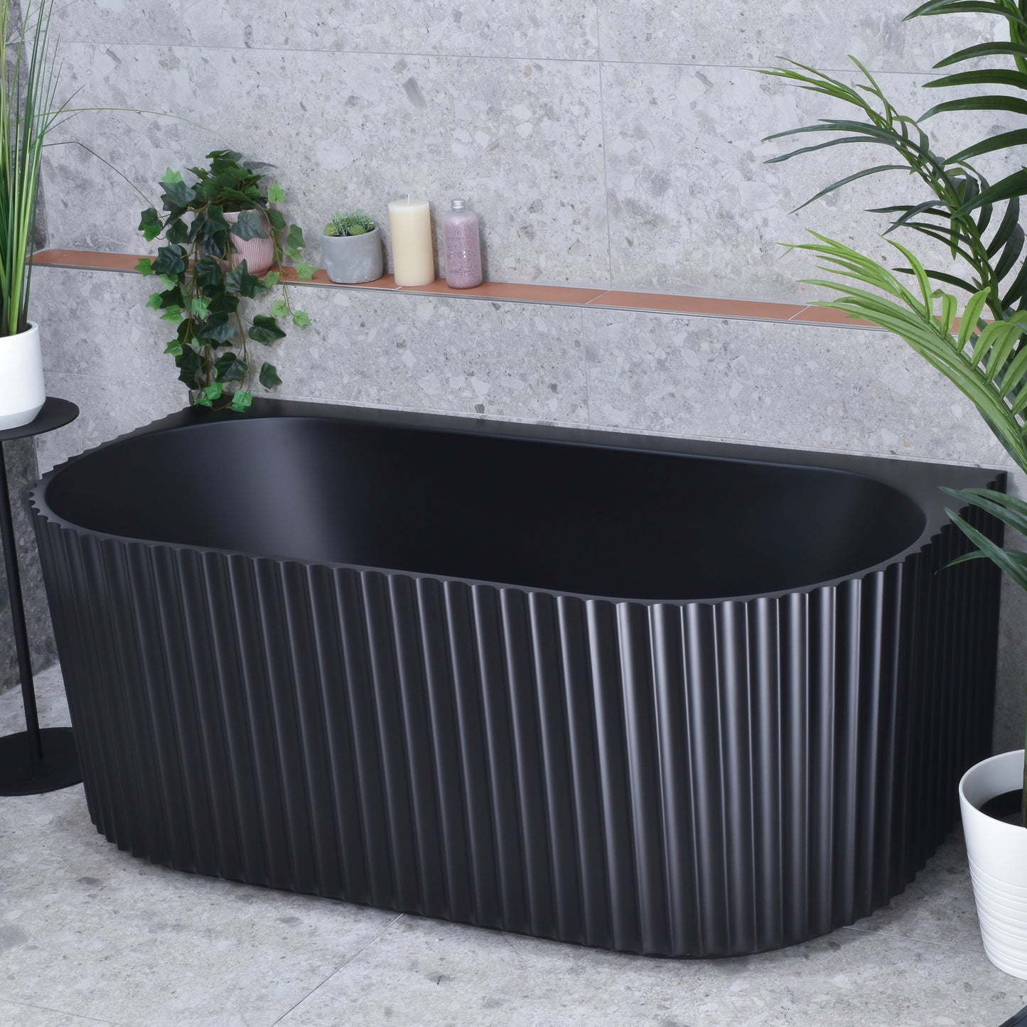 Agora Groove 67 inch Acrylic Freestanding Back to Wall Bathtub, Matte Black