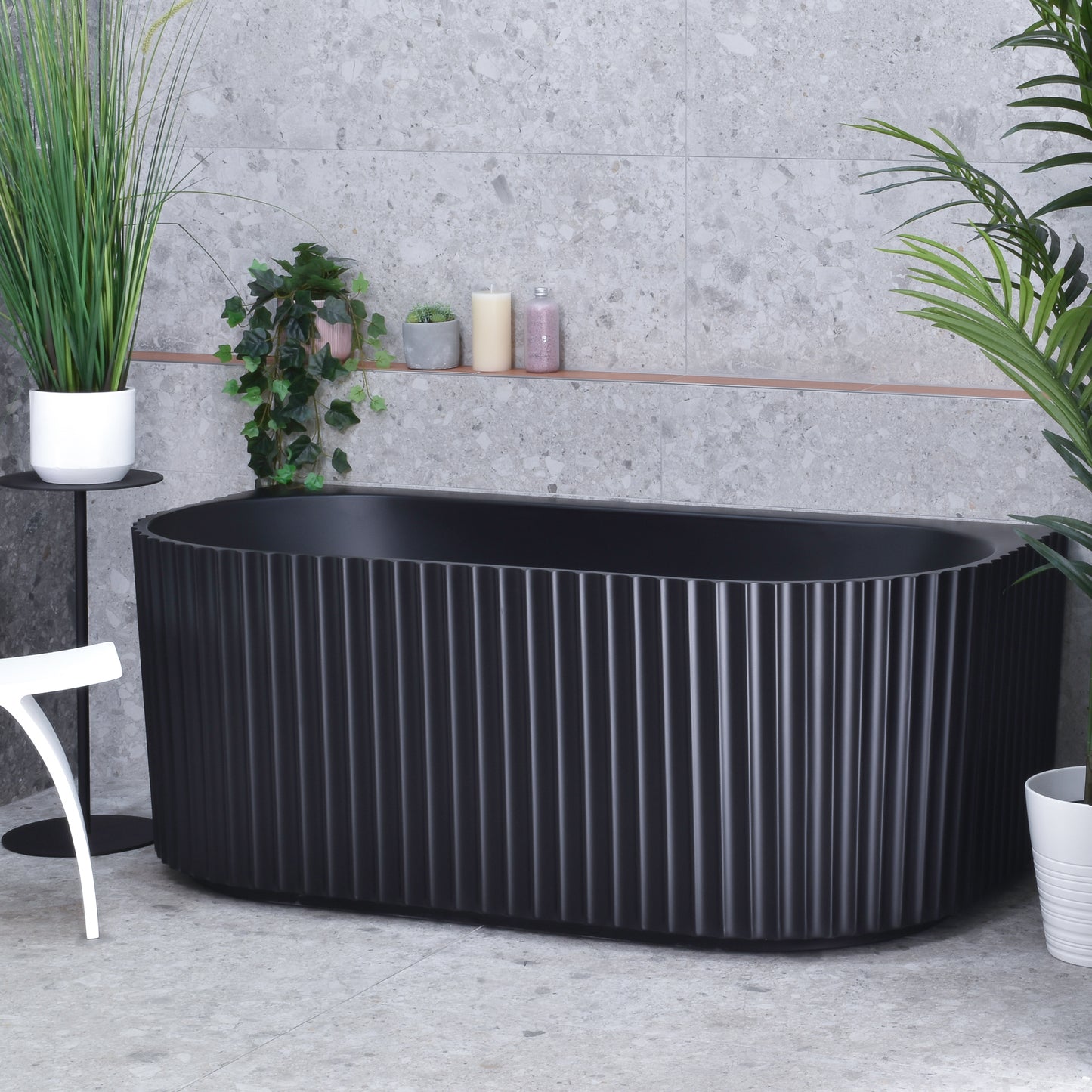 Agora Groove 67 inch Acrylic Freestanding Back to Wall Bathtub, Matte Black