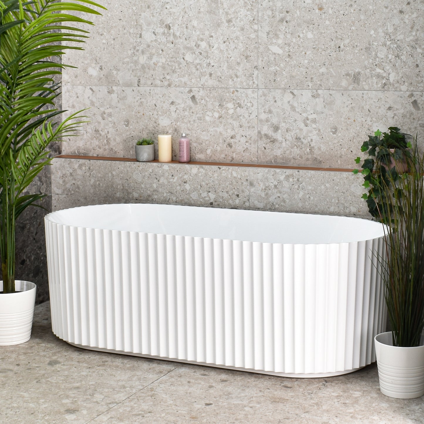 Agora Groove 67 inch Acrylic Freestanding Fluted Oval Freestanding Bathtub, Gloss White