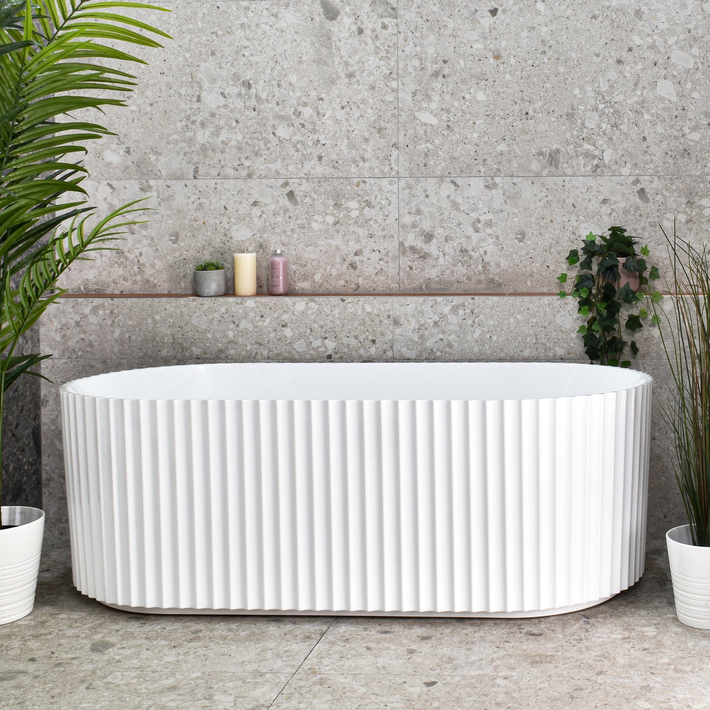 Agora Groove 67 inch Acrylic Freestanding Fluted Oval Freestanding Bathtub, Gloss White