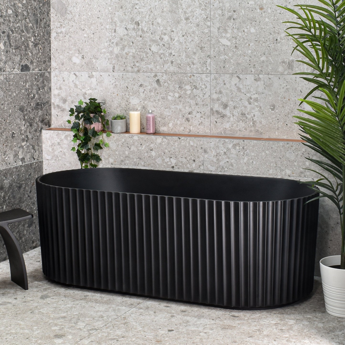 Agora Groove 67 inch Acrylic Freestanding Fluted Oval Freestanding Bathtub, Matte Black
