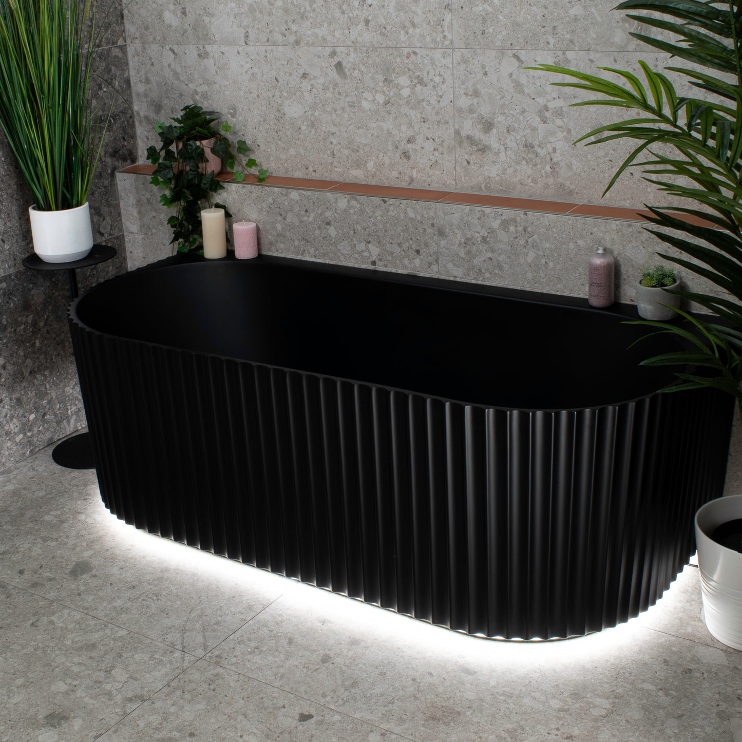 Agora Groove 67 inch Acrylic Freestanding Back to Wall Bathtub, Matte Black