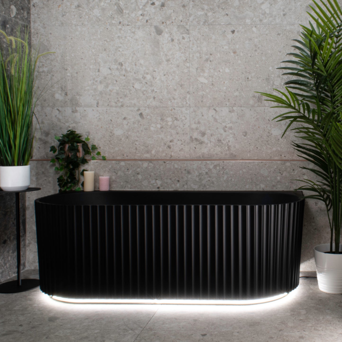 Agora Groove 67 inch Acrylic Freestanding Back to Wall Bathtub, Matte Black