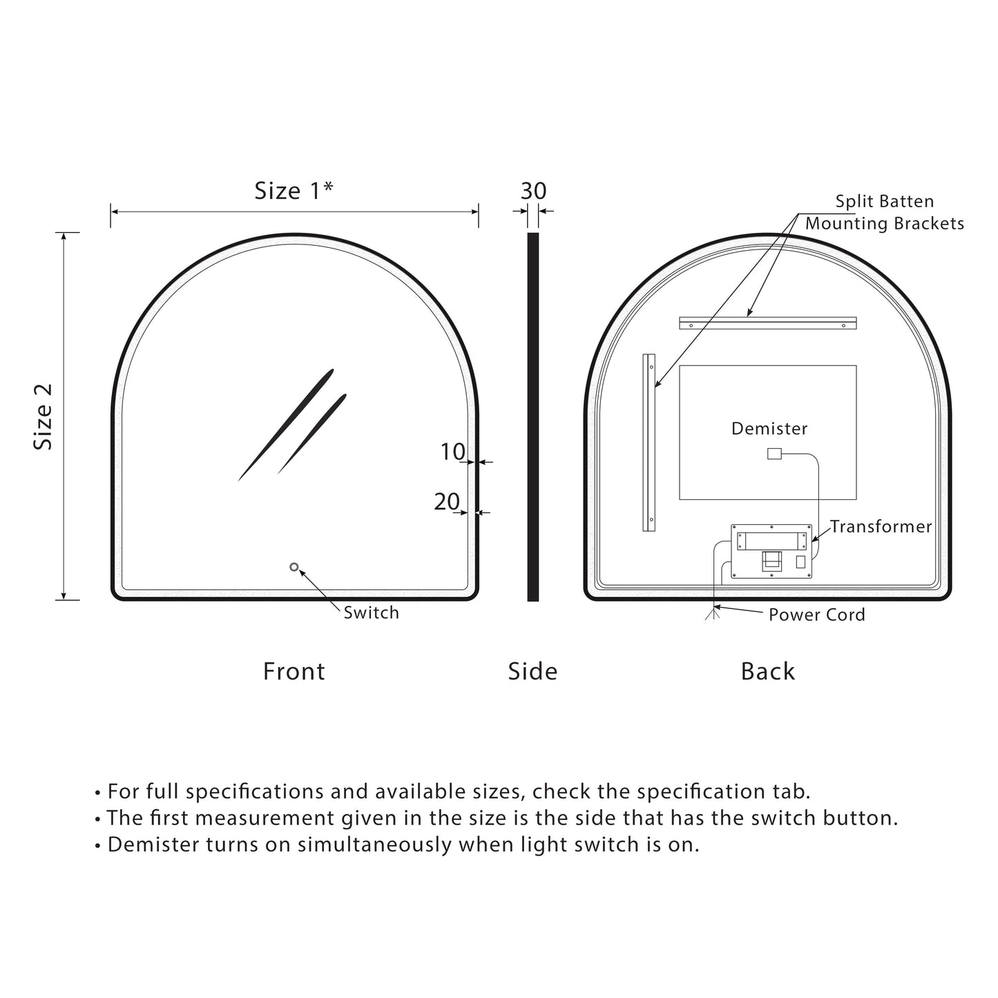 Arco Arch 600mm x 800mm Frontlit LED Framed Mirror in Matte White with Demister