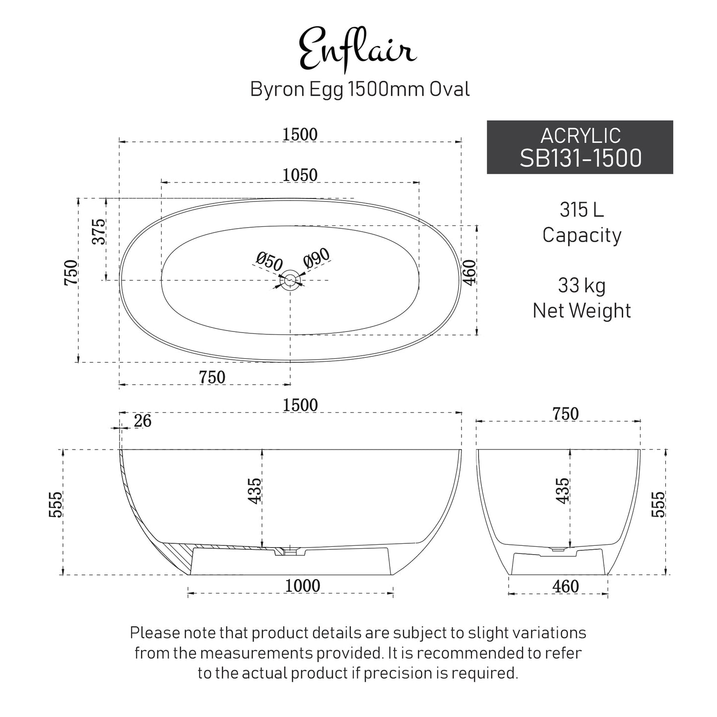 Byron Egg 1500mm Oval Freestanding Bath, Gloss White