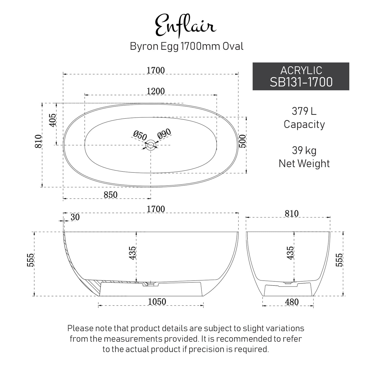 Byron Egg 1700mm Oval Freestanding Bath, Matte White