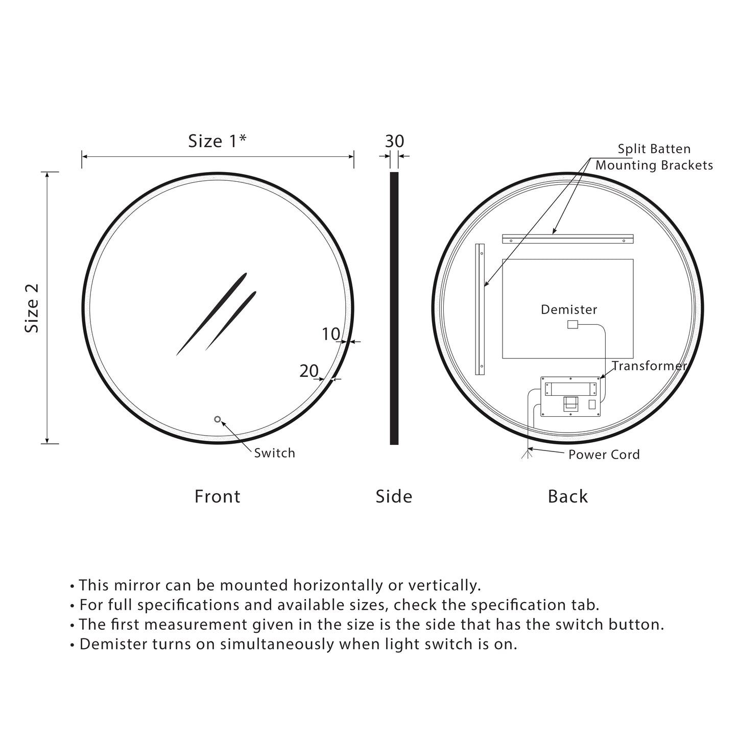 Circa Round 600mm Frontlit LED Mirror with Matte Black Frame and Demister