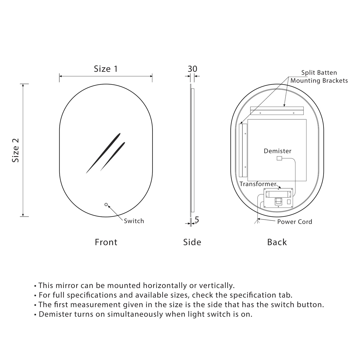 Pill Oval 500mm x 800mm Backlit LED Mirror with Polished Edge and Demister