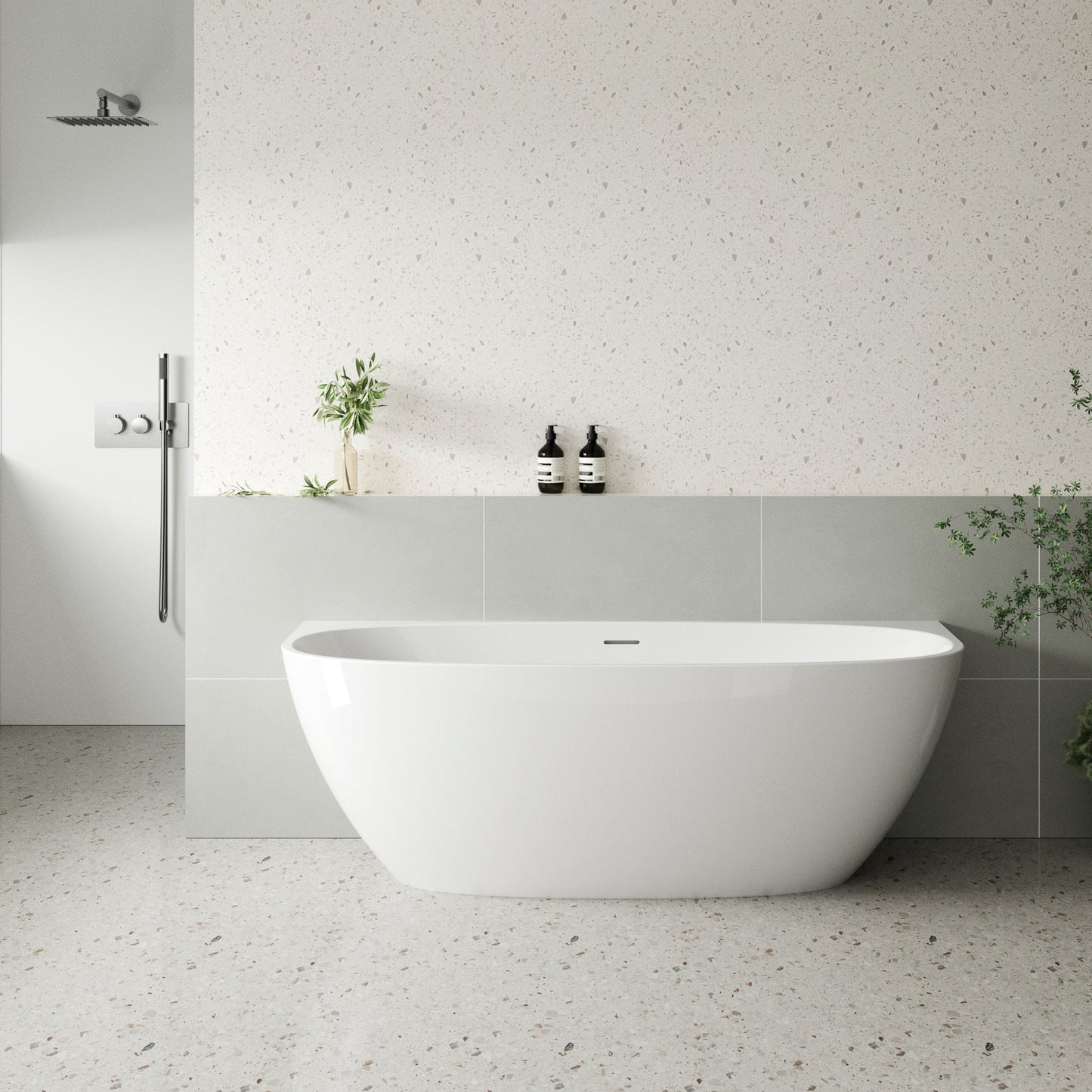 Byron Egg 63 inch Acrylic Freestanding Back to Wall Bathtub, Gloss White