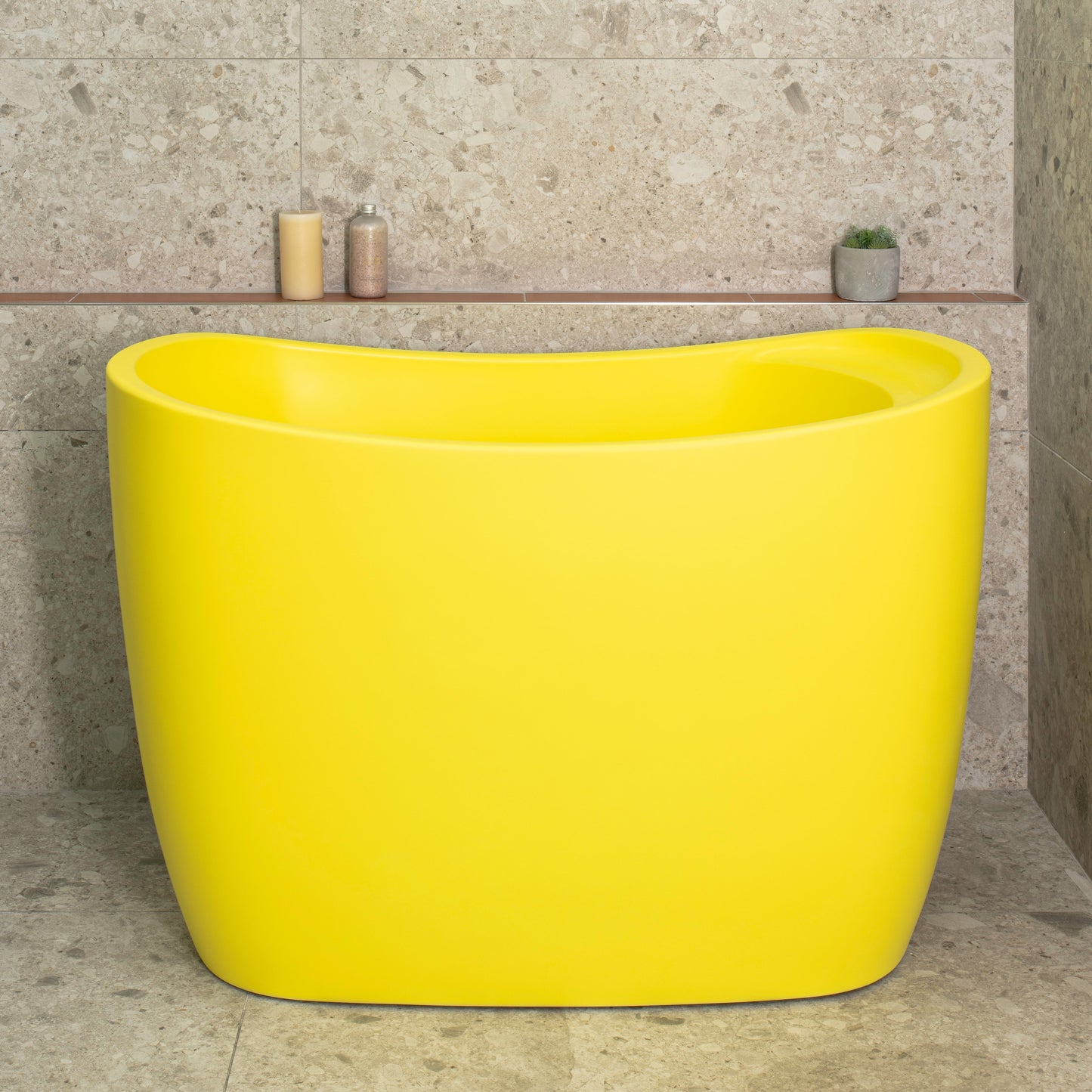 Ofuro 47 inch Acrylic Freestanding Extra Height Japanese Soaking Bathtub with Seat, Matte Lemon Meringue