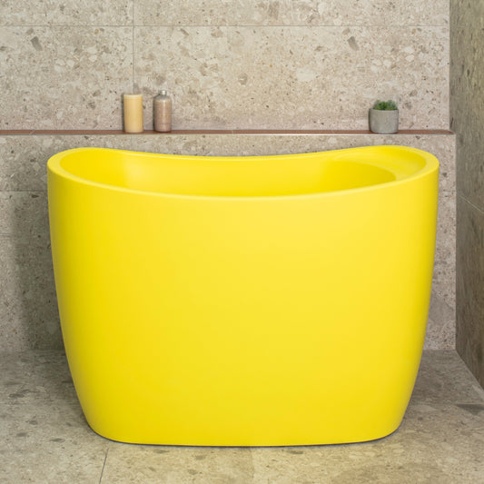 Ofuro 47 inch Acrylic Freestanding Extra Height Japanese Soaking Bathtub with Seat, Matte Lemon Meringue