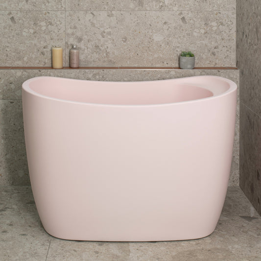 Ofuro 47 inch Acrylic Freestanding Extra Height Japanese Soaking Bathtub with Seat, Matte Light Pink