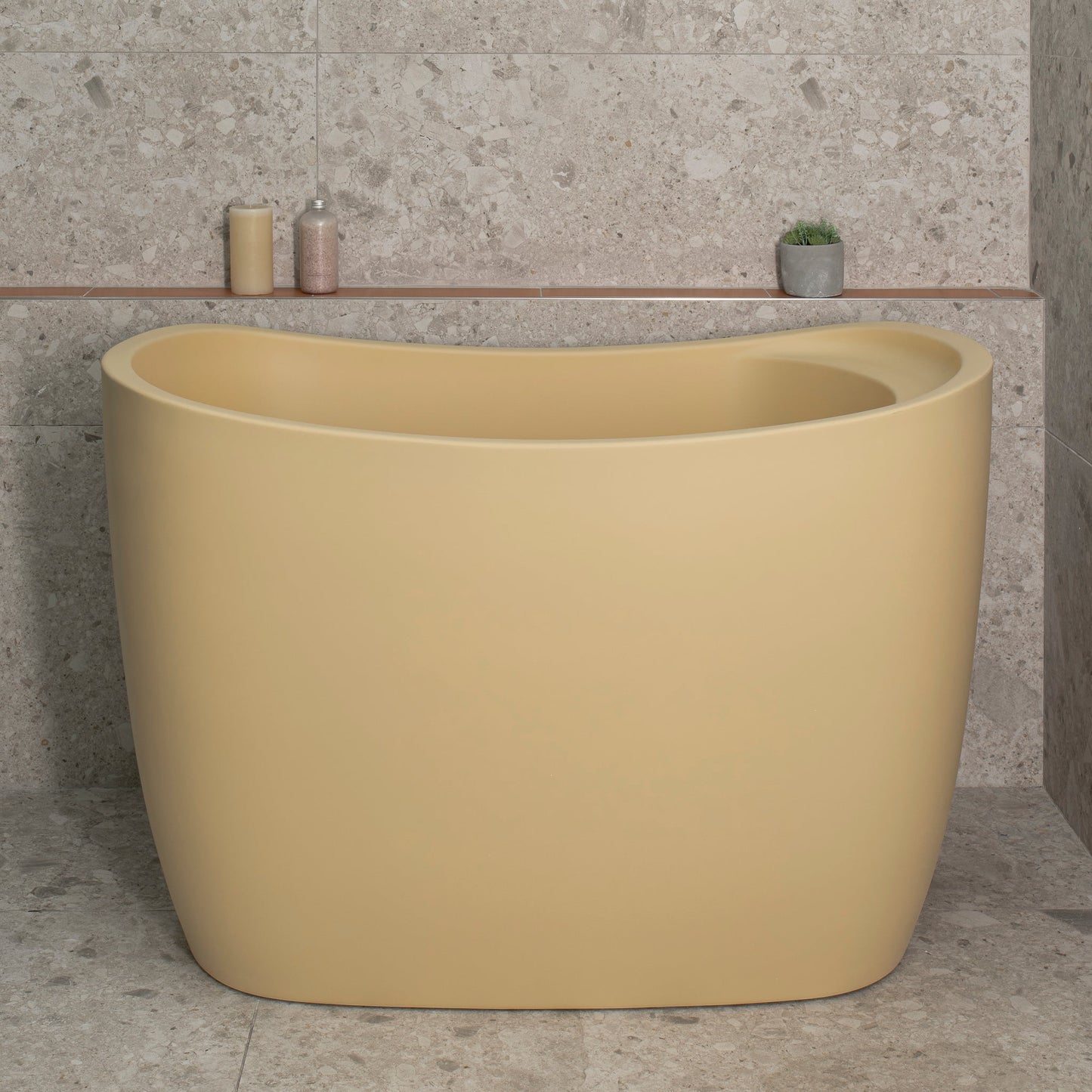 Ofuro 47 inch Acrylic Freestanding Extra Height Japanese Soaking Bathtub with Seat, Matte Vanilla Beige