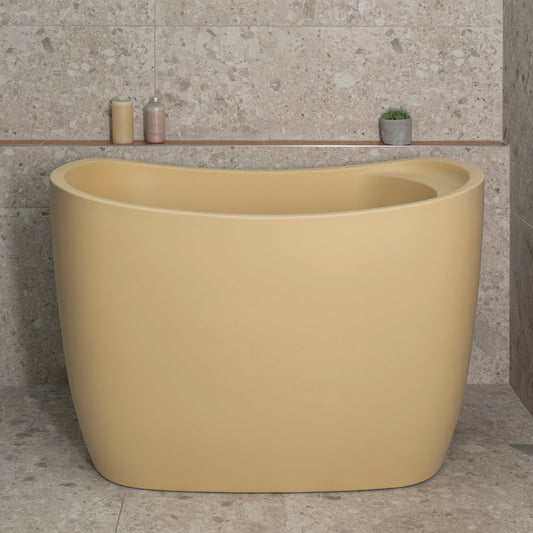Ofuro 47 inch Acrylic Freestanding Extra Height Japanese Soaking Bathtub with Seat, Matte Vanilla Beige